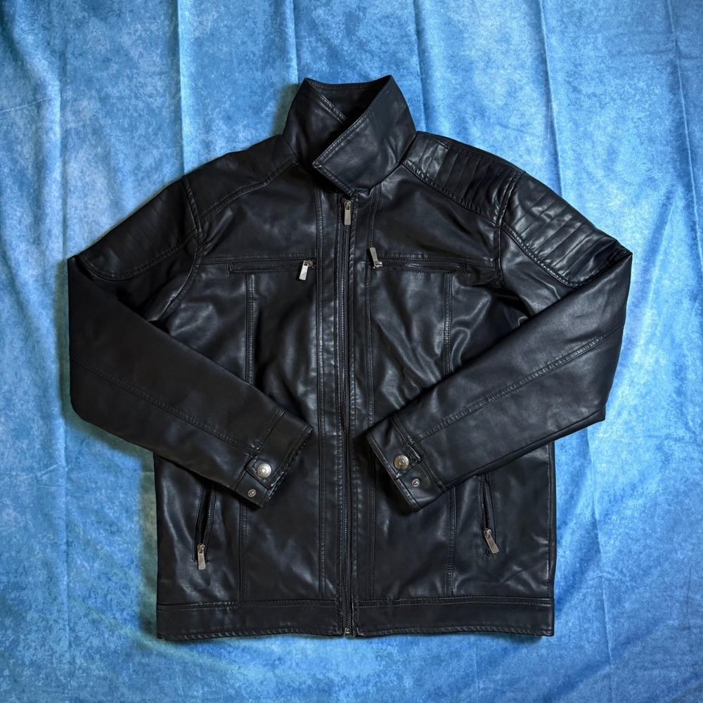 Bleu Grandeur Mens‎ Black Faux Leather Moto Jacket HJ-828E NWT Large